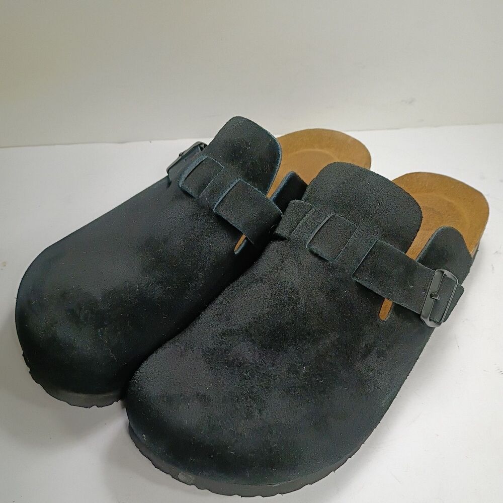 Cushionare Haze Mens 11M Black Suede Clog Mule Buckle Strap Cork Insole